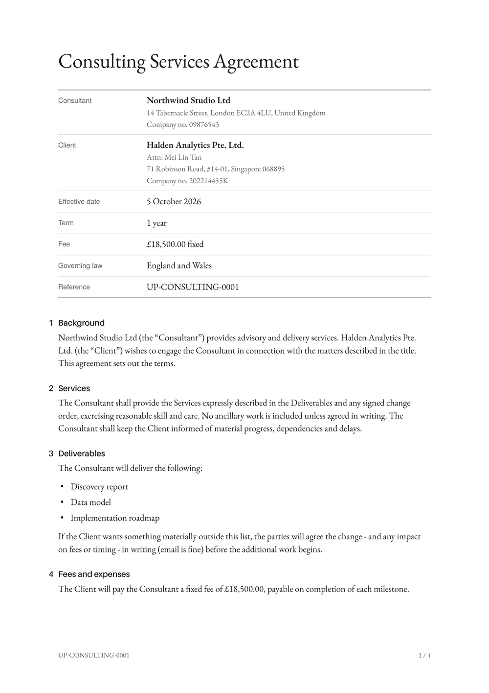 Page 1 of a consulting agreement between Northwind Studio Ltd and Halden Analytics Pte. Ltd., in the Brief design