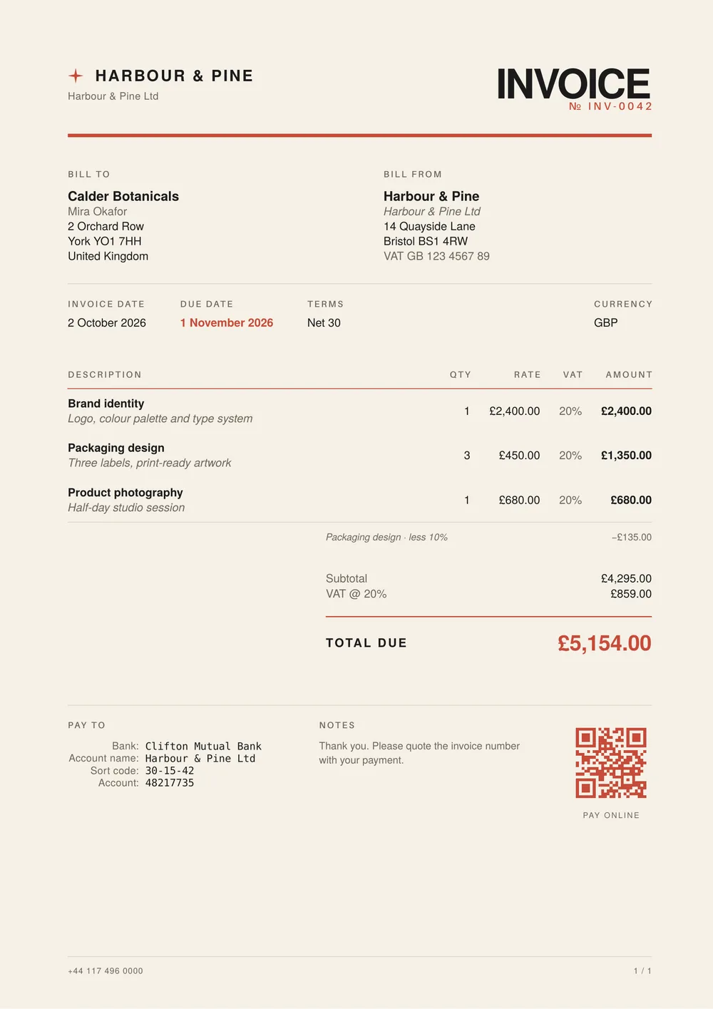 Invoice INV-0042 from Harbour & Pine to Calder Botanicals for £5,154.00, in the Vienna design